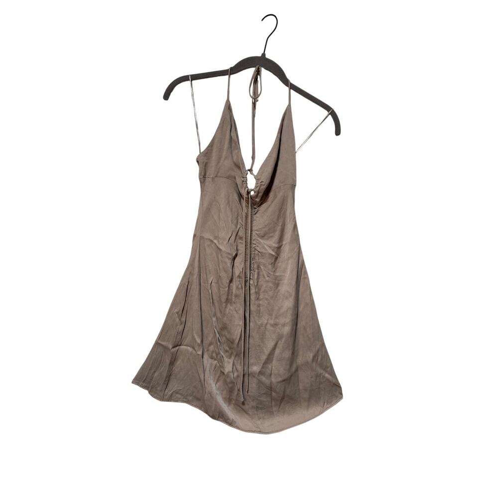 Zara Taupe Halter Mini Dress Womens XS Open Back Ruched Tie A Line Made Turkey - Picture 3 of 11